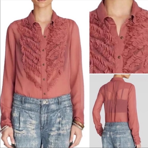 FREE PEOPLE Sheer Raspberry Ruffle Tuxedo Blouse - Picture 3 of 9
